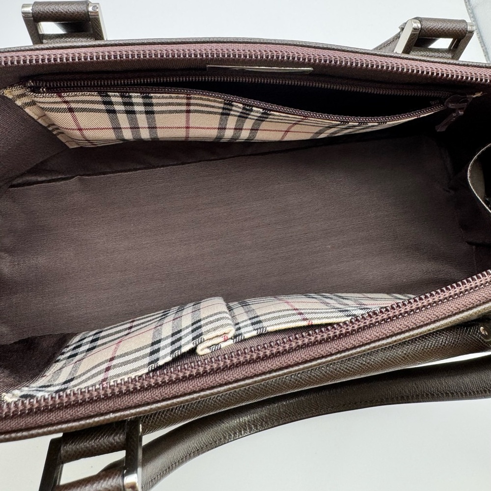 Burberry Brown Saffiano Leather Briefcase Top Handle Bag Nova Check Zip - Picture 8 of 10